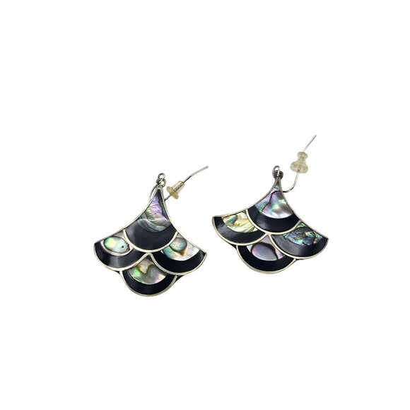 Handmade Alpaca Silver Abalone & Black Onyx Inlay Earrings - Picture 4 of 13